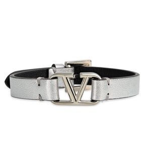 Valentino Garavani Black Calfskin and Silver Logo Bracelet